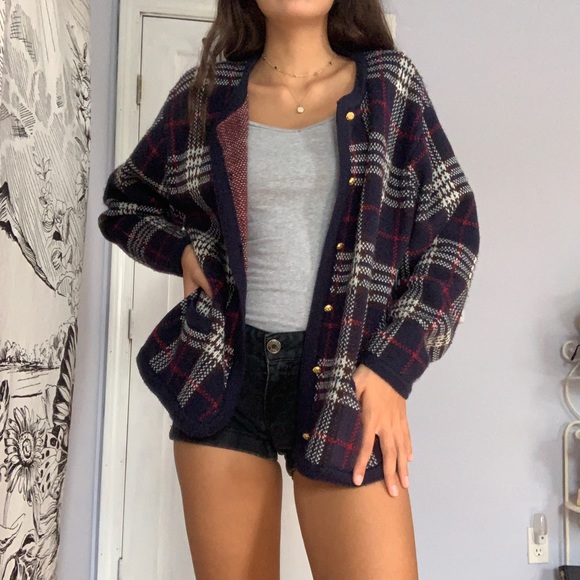 Vintage Sweaters - VINTAGE navy plaid sweater/ cardigan